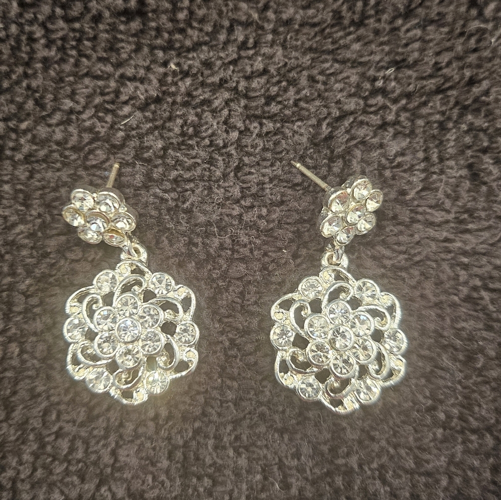 Elegant Rhinestone and Silver Floral Earrings
